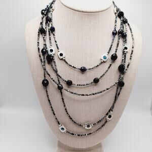 Chico’s Five Strand Beaded Necklace Blue Black Silver 20” Layered Sparkle